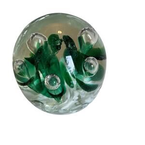 Vintage Green Joe St. Clair Controlled Bubble Art Glass Paperweight 3.5"x3